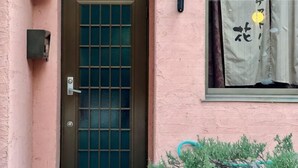 Una puerta marrón con un diseño de cuadrícula, un buzón pequeño y una ventana con cortina.