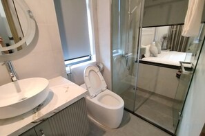 Un baño moderno con ducha envuelta en vidrio, un lavabo redondo y un inodoro.
