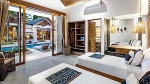A modern living room with a pool view, wooden ceiling, and a cozy seating area. - Villa Zen Paradise by BaliSuperHost (Bali)