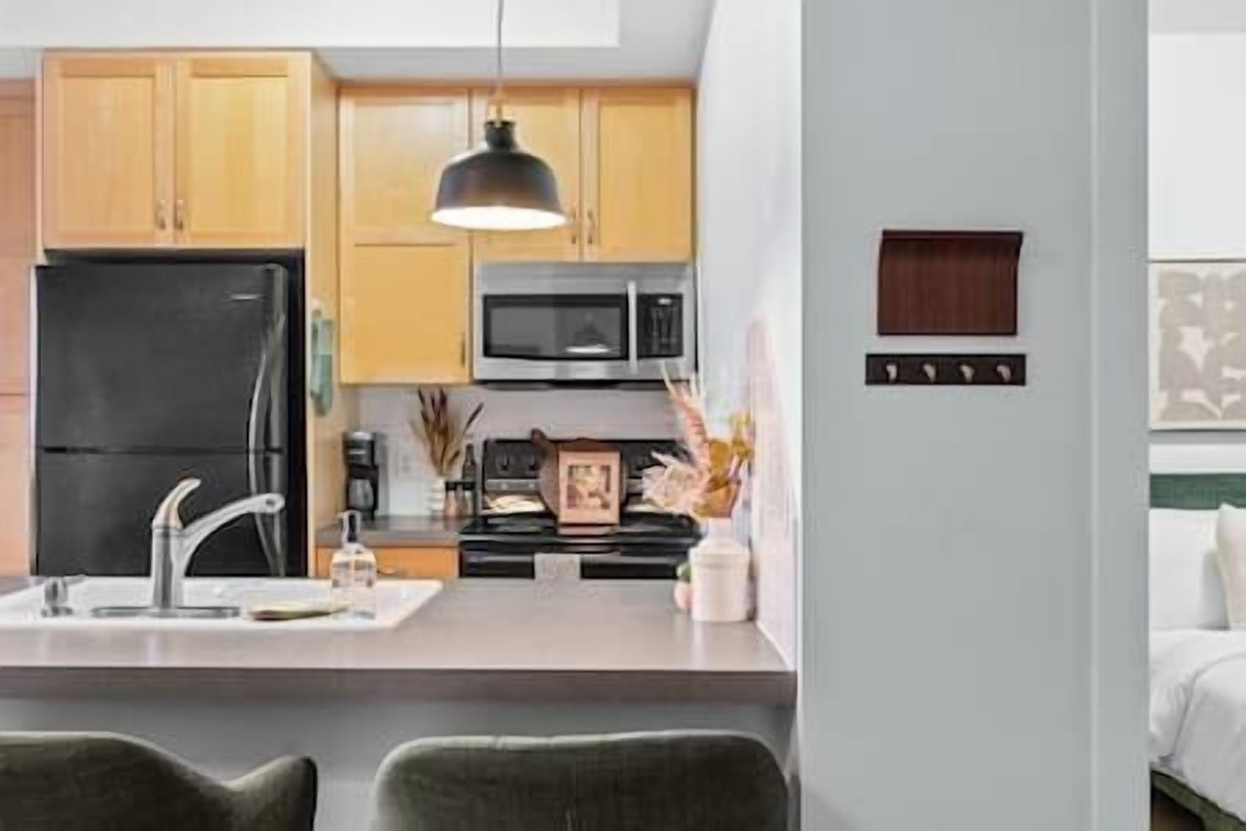 冷蔵庫、電子レンジ、オーブン、コンロ