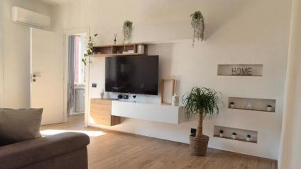 A modern living room with a flat-screen TV, a sofa, and a potted plant. - Milan vacation home 15 minutes from the cathedral subway (Milano)