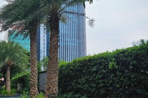 Un grand immeuble à la façade de verre, entouré de verdure et de palmiers.
