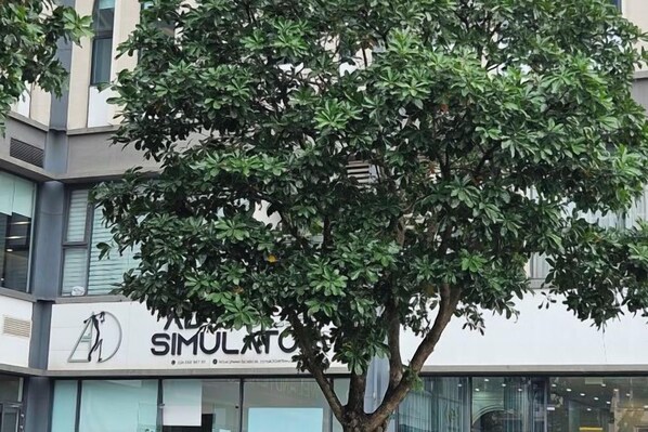 Un arbre se trouve devant un bâtiment sur lequel est apposée une enseigne indiquant « SIMULATICS ».