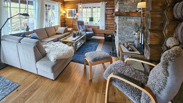 A cozy log cabin interior with a sofa, chairs, a coffee table, and a fireplace. - Cozy home in Rauland with WiFi (Rauland)