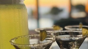 Une carafe contenant une boisson verte et plusieurs verres à martini garnis de tranches de citron.