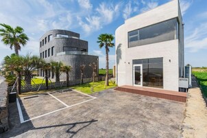 Un edificio moderno con estructura curva, sección de techo plano y área exterior pavimentada con palmeras.