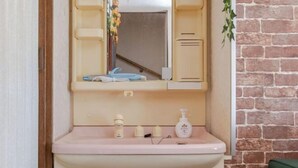 A bathroom with a pink sink, a mirror, and a green plant. - Yokohama Chuo 2 House (Yokohama)