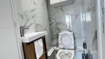 Une salle de bain moderne équipée de toilettes, d’un lavabo et d’une douche.