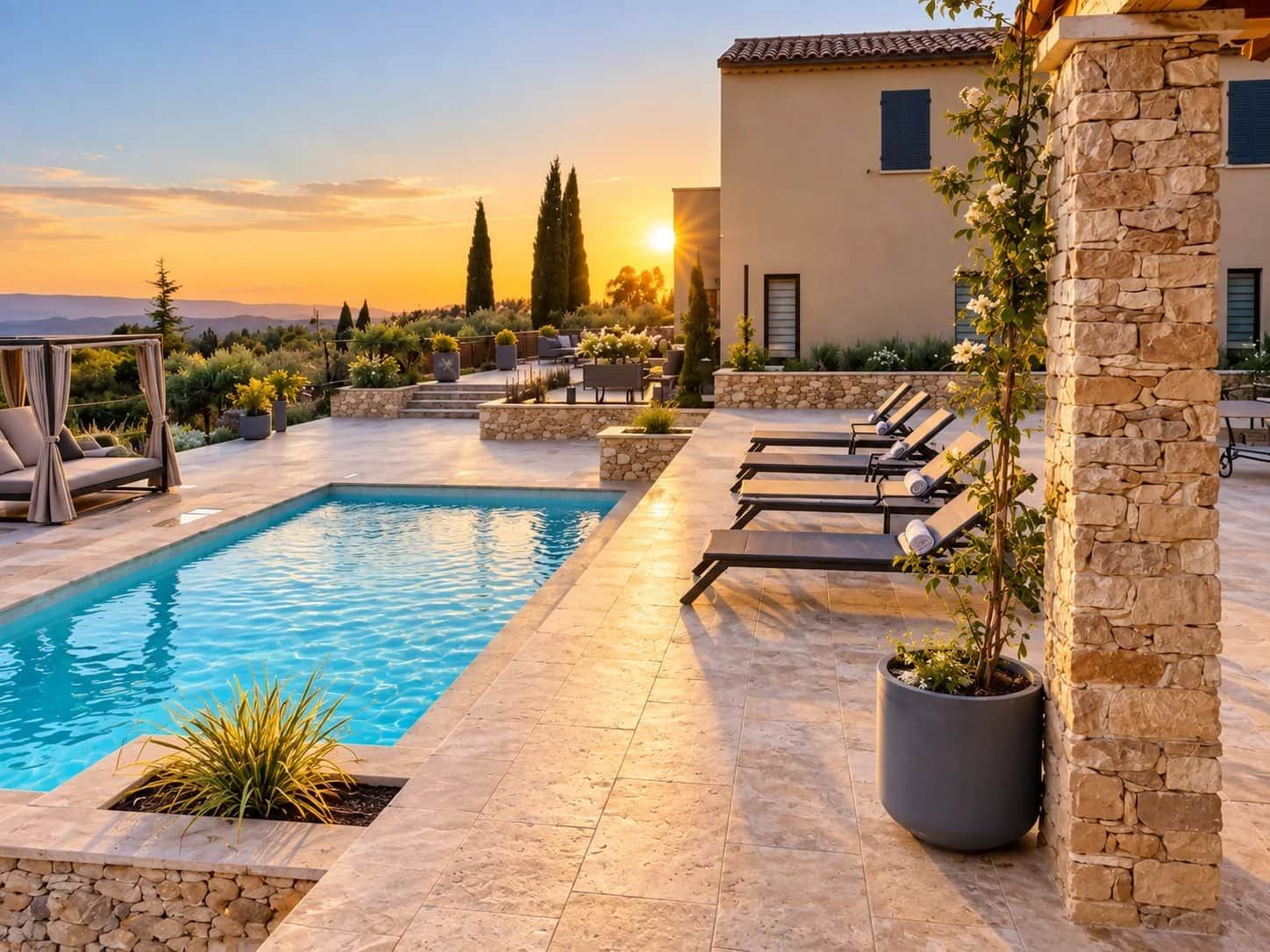 A pool area with a stone wall, lounge chairs, and a view of the sunset.