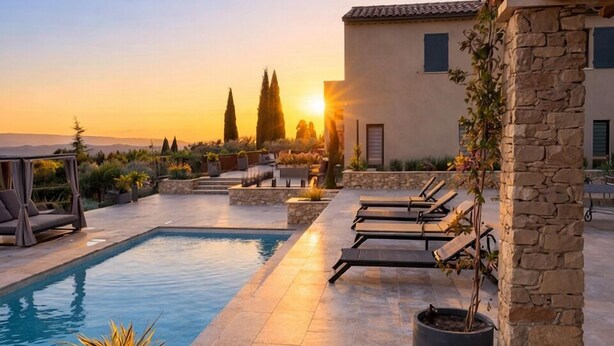 Area piscina con sedie a sdraio, un gazebo e vista sul tramonto.