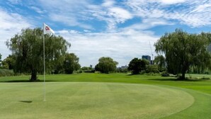 A well-maintained golf course with a flag, trees, and a clear sky. - sakuranoyado2 (Tokyo)
