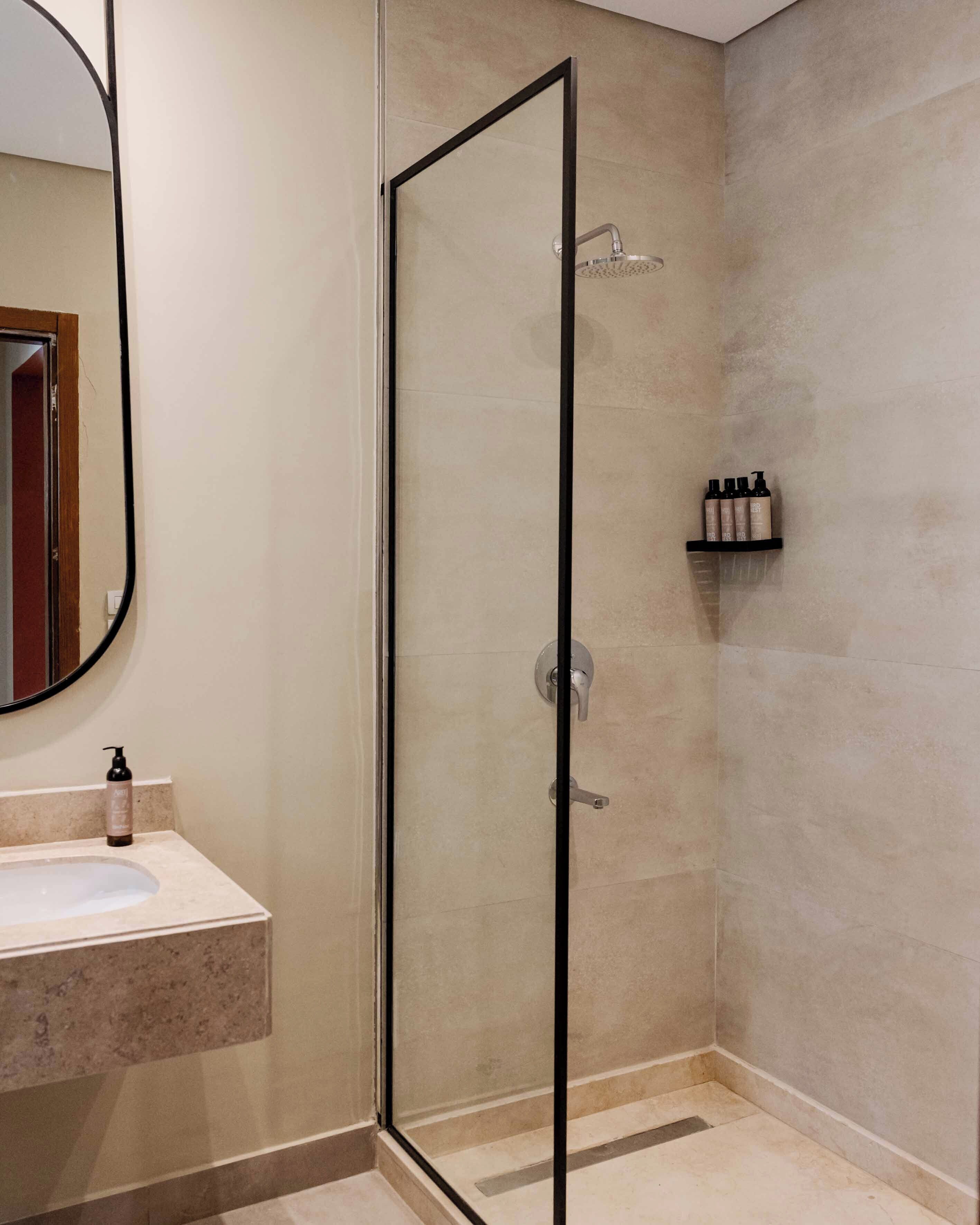 A bathroom with a glass-enclosed shower, a sink with a mirror, and a shelf with toiletries.