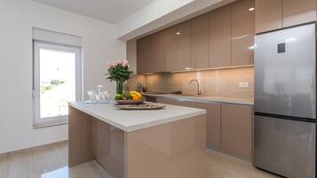 Fridge, oven, dishwasher, coffee/tea maker