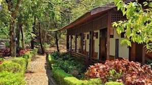 Un bâtiment traditionnel en bois, doté d’une allée couverte, entouré d’une végétation luxuriante et bordé d’un chemin de pierre.