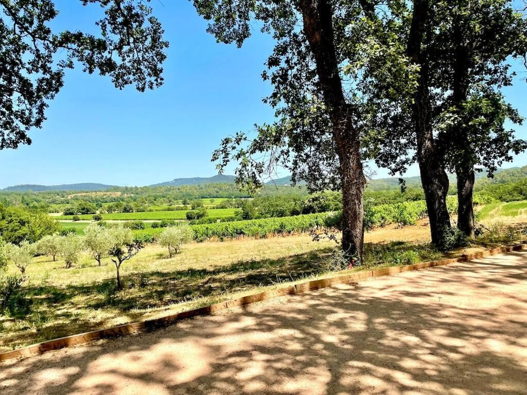 Un paisaje rural con un camino de tierra, árboles y campos.