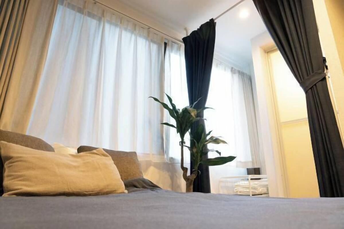 Un dormitorio con cama, cortinas, una planta y ventana.