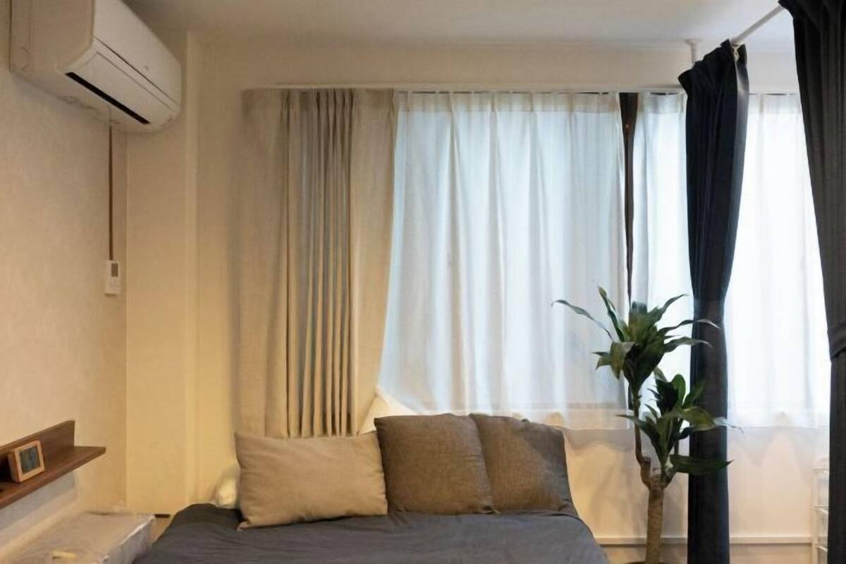 Una habitación de hotel con cama, una planta en maceta y un ventanal con cortinas.