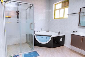 Shower, towels, soap, toilet paper