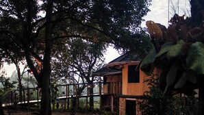 A wooden house with a stone foundation, surrounded by trees and a stone wall.