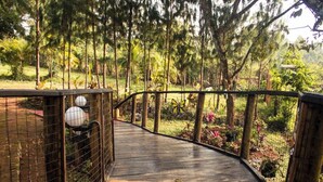 A wooden pathway leading through a garden with a wire fence on one side and a brick wall on the other.