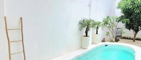 Una piscina con escalera de madera, rodeada de muros blancos y plantas en macetas.