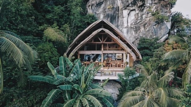 Een houten chalet met balkon, omringd door dichte tropische begroeiing en een klif.