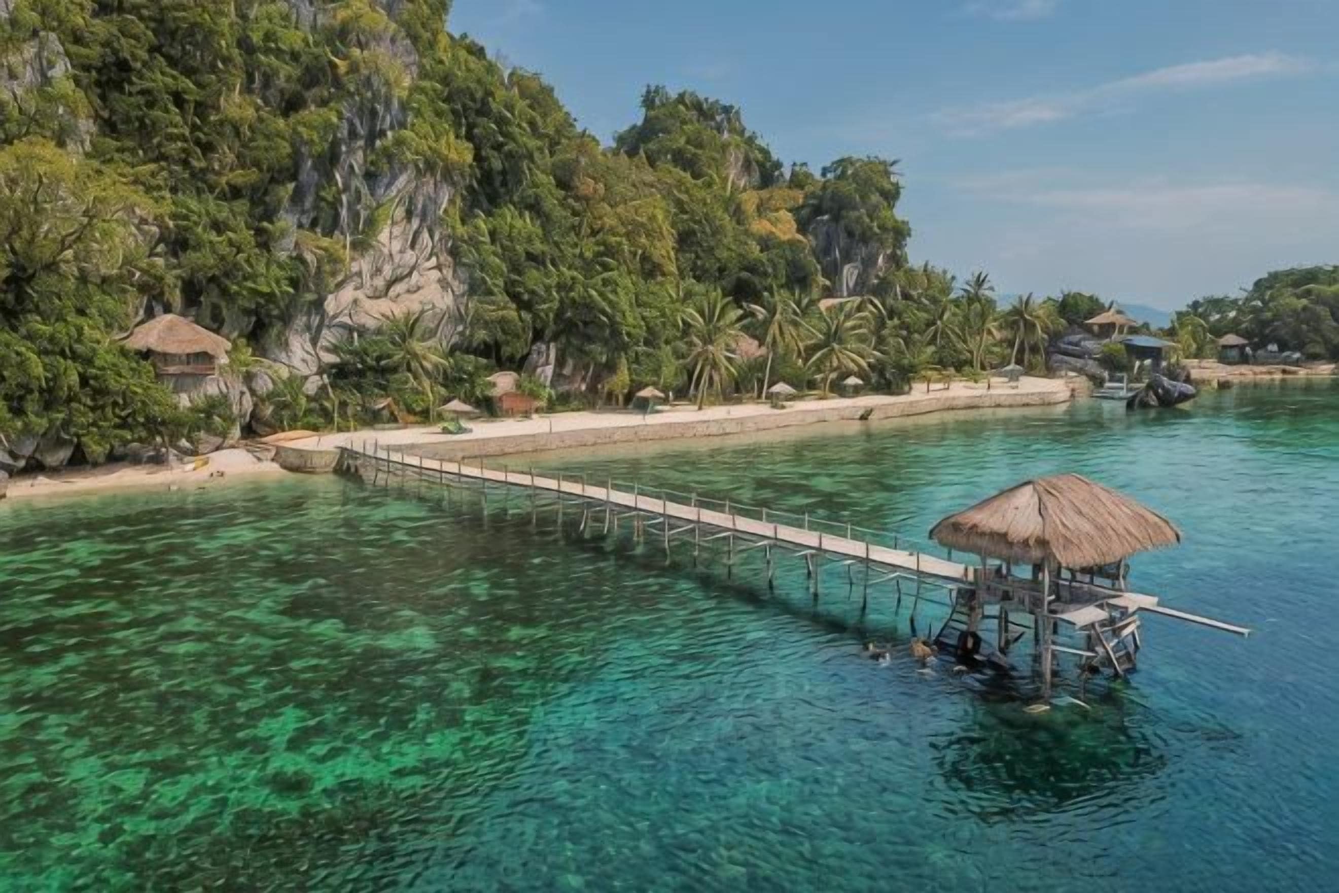 Una platja tropical amb aigua cristal·lina, un moll de fusta i una construcció amb teulada de palla.