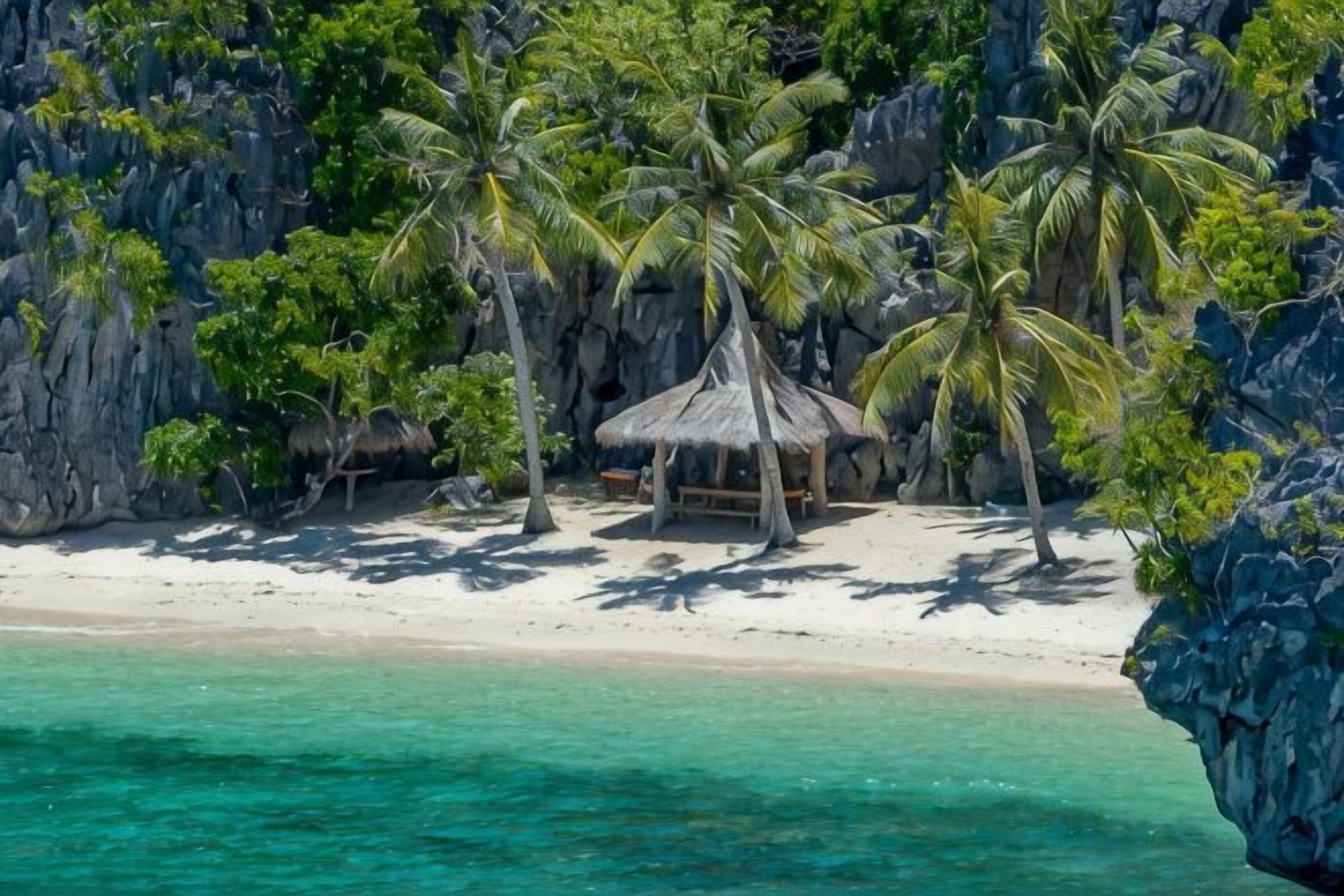 Ein Strand mit einer reetgedeckten Hütte, Palmen und klarem türkisblauem Wasser.