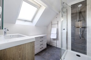 Shower, hair dryer, towels - Guest Room 'Chambre Ferrari' with Shared Terrace, Shared Garden and Wi-Fi (Laigné en Belin)