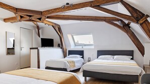 Une chambre avec deux lits, une télévision et une fenêtre de toit.