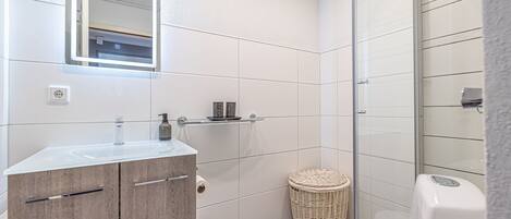 A modern bathroom with a glass shower enclosure, a wooden vanity, and a white sink.