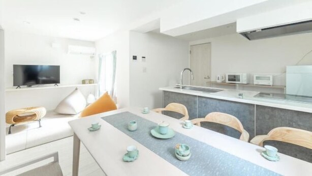 A modern kitchen with a built-in microwave, a sink, and a flat-screen TV. - Downtown Mix (Tokyo)