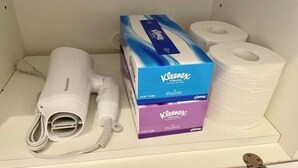 A shelf with a hair dryer, Kleenex boxes, and toilet paper. - YMK Oshiage 7B (Tokyo)