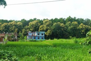 A residential area with a two-story building, surrounded by lush greenery and a field. - Hoztel Jollygrrant Doon (Dehradun)