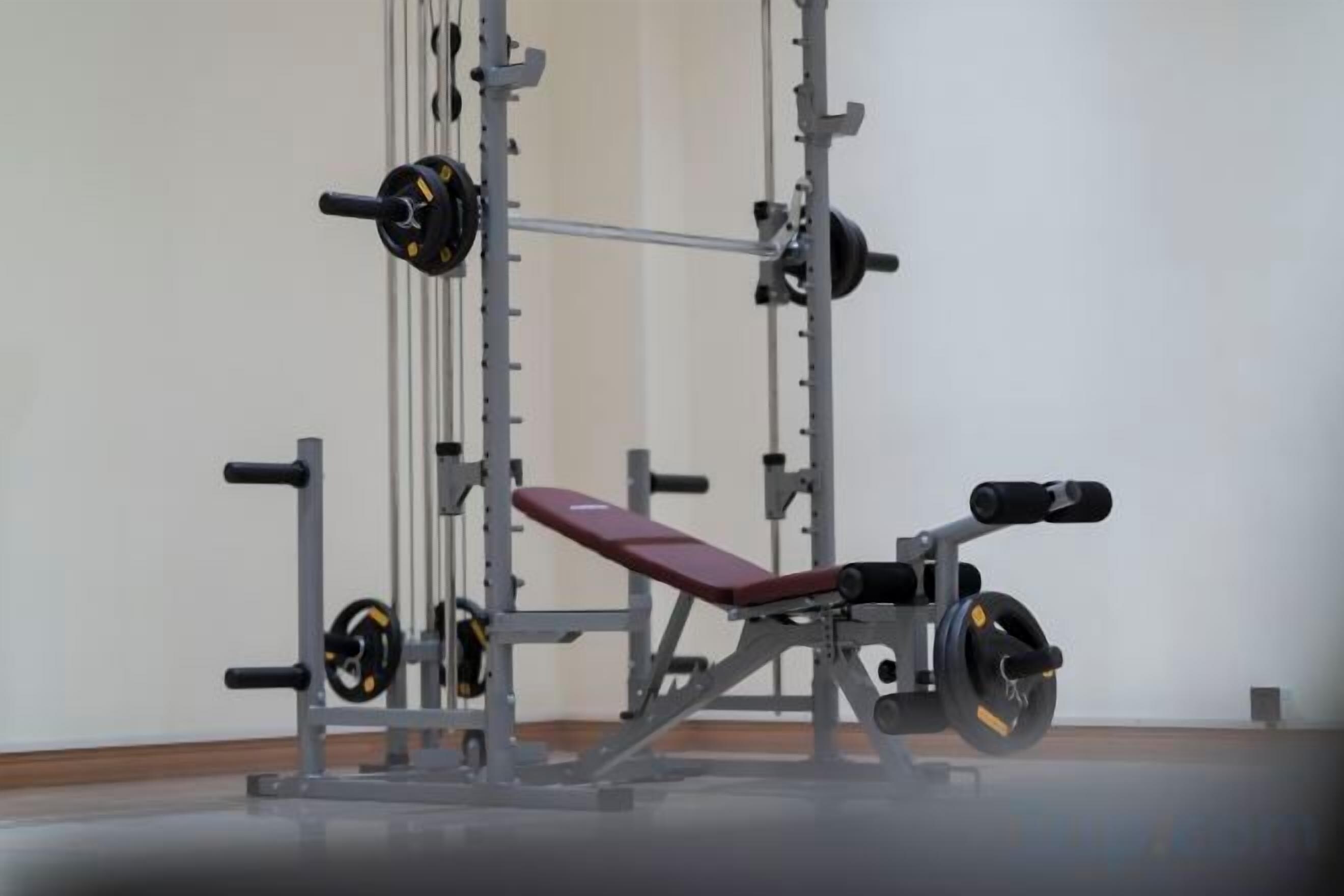 Un gimnasio con banco de pesas, jaula para sentadillas y discos de pesas.