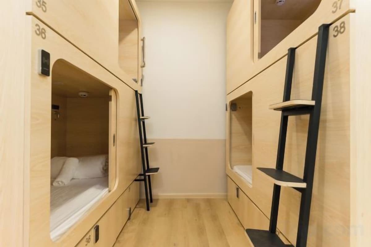 A narrow corridor with bunk beds, each marked with a number, and a ladder between them.