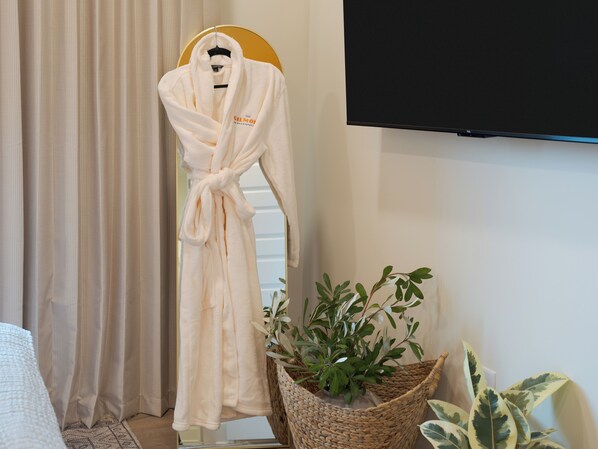 Une chambre d’hôtel avec un lit, un peignoir suspendu à un porte-manteau, une plante en pot et un téléviseur fixé au mur.