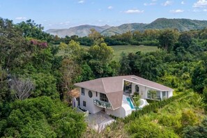 Een huis met een schuin dak, omringd door weelderige begroeiing en heuvels op de achtergrond.