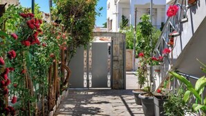 Un estrecho callejón con una reja de metal, plantas en macetas y plantas trepadoras con flores rojas.