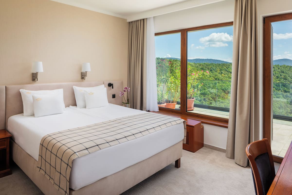 Habitación de hotel con una cama grande, dos lámparas de noche, una mesita, un escritorio de madera, una silla y una ventana con vistas a zonas verdes y montañas.