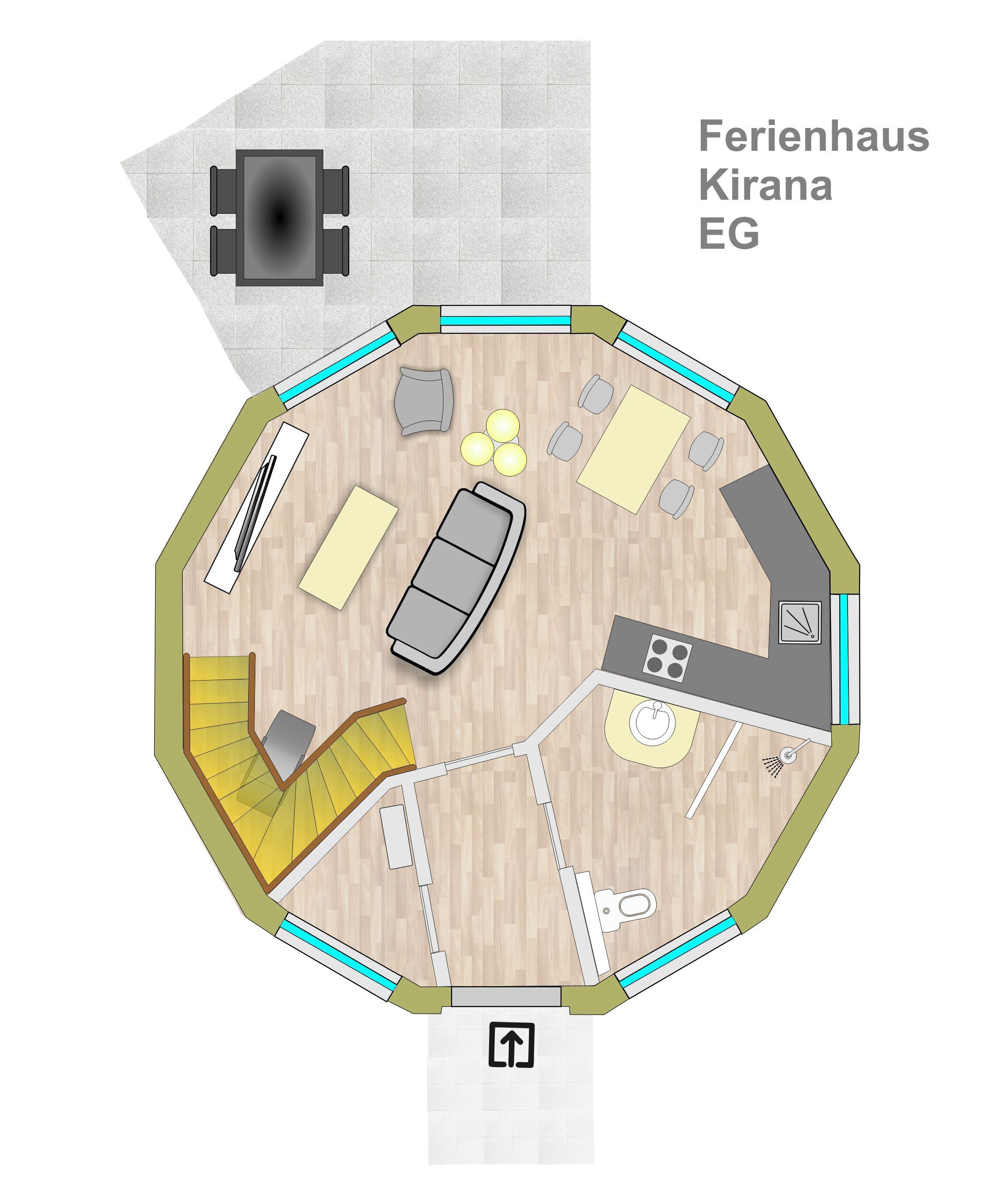 Ein Grundriss von Zimmer in einem Hotel, der eine Küchenzeile, ein Sofa, einen Esstisch und ein Badezimmer zeigt.