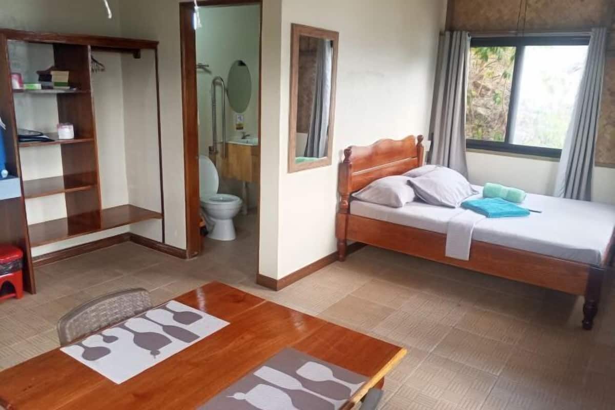 A bedroom with a wooden bed, a small table, a wardrobe, and a bathroom with a toilet and mirror.