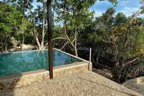 Una piscina rodeada de árboles y un muro de piedra.