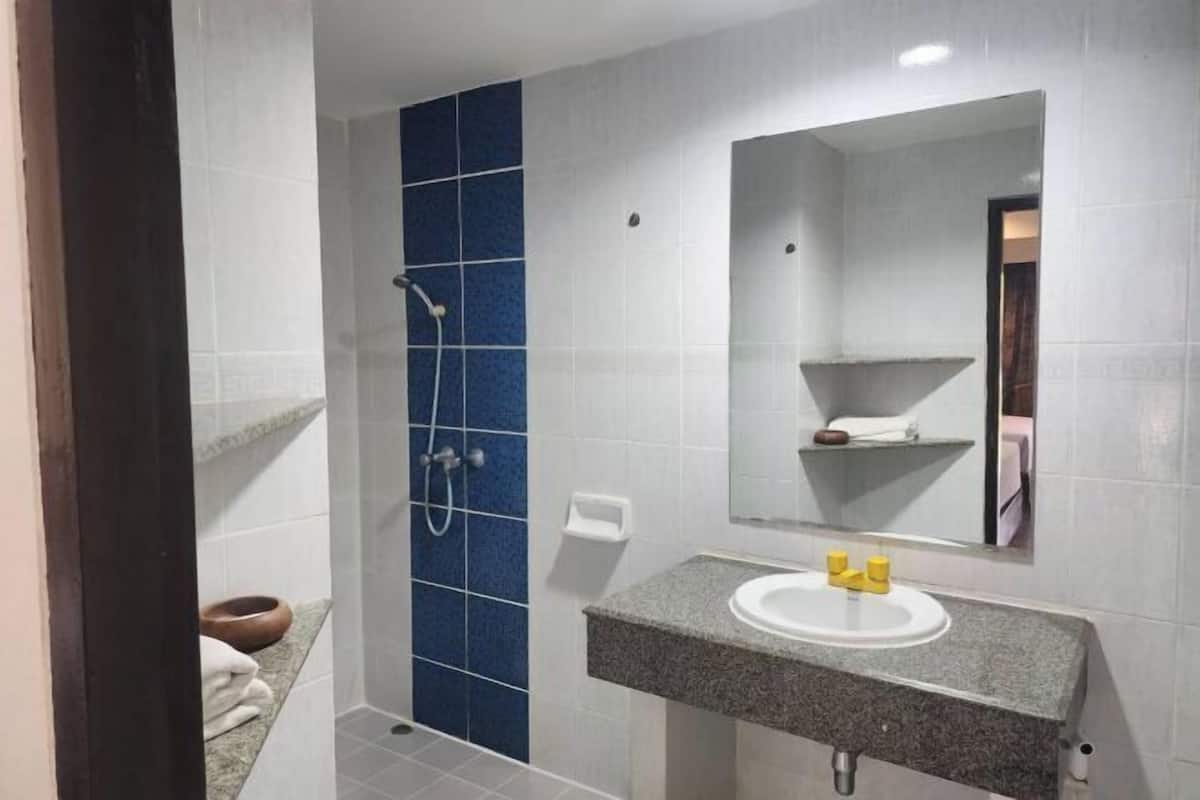 A bathroom with a shower, a sink, and a mirror.