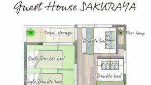 A guest house layout with a double bed, single double bed, single sofa bed, and a kitchen area. - Guest House SAKURAYA (Tokyo)