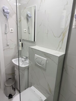 Buồng tắm vòi sen, máy sấy tóc, khăn tắm, xà phòng 