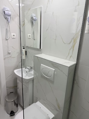 Buồng tắm vòi sen, máy sấy tóc, khăn tắm, xà phòng