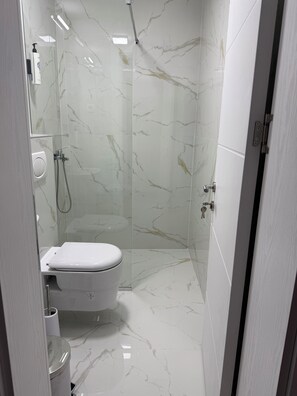Buồng tắm vòi sen, máy sấy tóc, khăn tắm, xà phòng
