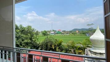A view from a balcony with a red railing, overlooking a green field and a building with a green roof.