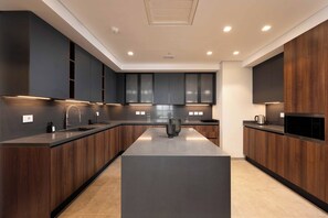 Apartamento de lujo, vistas a la ciudad | Cocina privada | Frigorífico, microondas, horno y placa de cocina